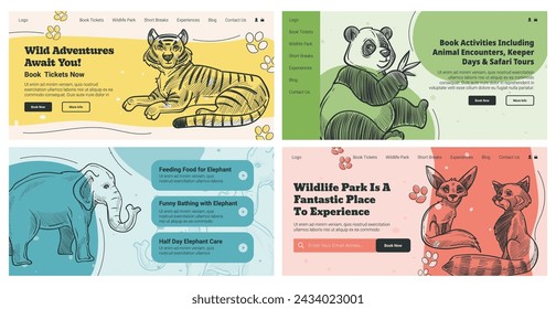 Landing page set con publicidad de parque de fauna. Colección de diseño de banner web con boceto dibujado a mano animal salvaje, ilustración vectorial. Reserva tu billete en línea para safari, ver tigre, panda 