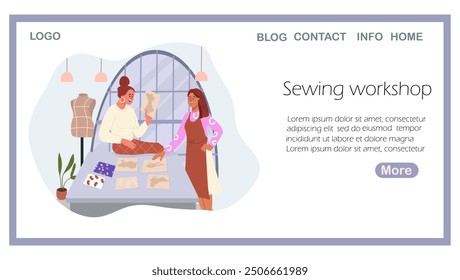 Landing page sewing workshop, hand drawn vector illustration.