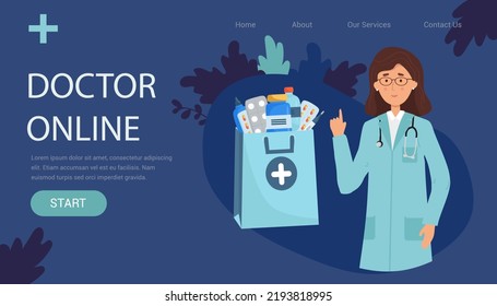 Landing Page Shopping Doctor With Bag For Medical Pills And Bottles, Healthcare And Shopping, Pharmacy, Drug Store. Delivery. Vector Illustration In Flat Style