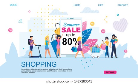 Landing Page for Shopping Online with Discount. Man on Scooter, Two Fashion Happy Women, Single Girl and Parents with Child Pushing Trolley Full of Goods Pass Ad Board. Vector Flat Illustration