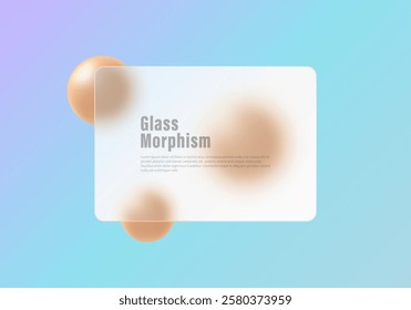 Landing page of the site in glass morphism style. Presentation panel made of transparent material with floating spheres.