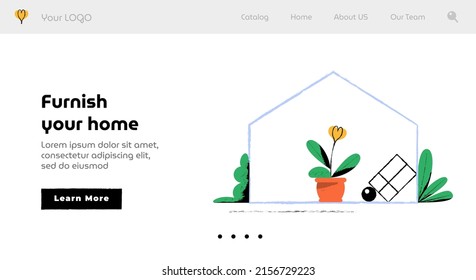 Landing page of the site in a minimalistic linear style. Doodle illustration, home improvement interior design,. Vector illustration