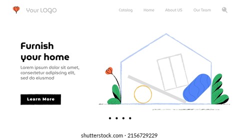 Landing page of the site in a minimalistic linear style. Doodle illustration, home improvement interior design,. Vector illustration