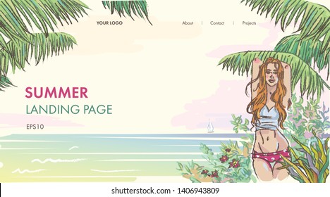 Landing Page for Site Summer Holiday on Beach. Woman on Summer Vacation Vector Flyer with Text Space. Travel Agency Poster. Holidaymaker Cartoon Character in Swimsuits. Vector Illustration