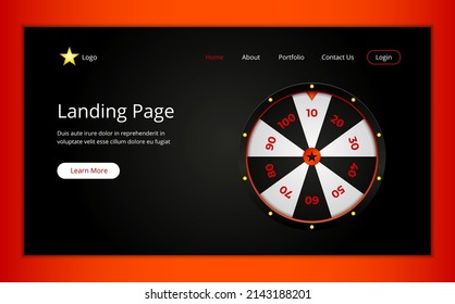 Landing page site template with Casino fortune wheel on dark  background. Jackpot lucky number roulette. Header design vector illustration concept for website development.