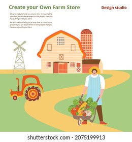 Landing page small a man stands with a cart of vegetables, farm in the background 