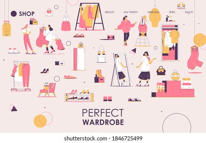 Landing page with small people and dressing room elements in pink and yellow. Outline drawing style with clothes and hangers