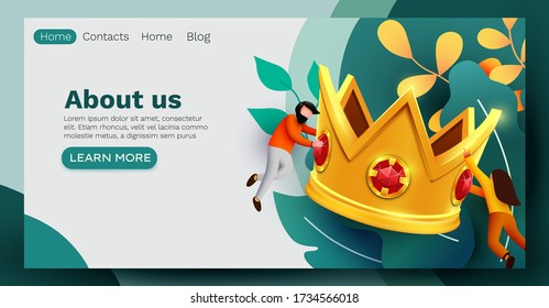 Landing Page. Small people flying around big golden crown. Victory, triumph or achievement concept. Best deal or reward sign. Vector illustration.