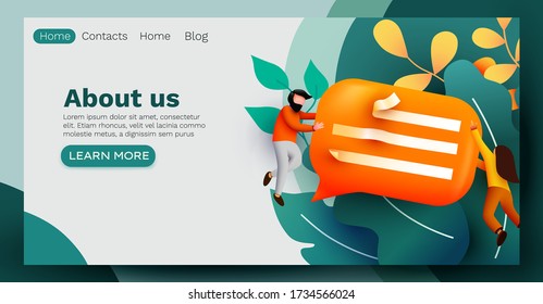 Landing Page. Small people flying around chat bubble. Talking couple. Online messenger or contacts sign concept. Vector illustration.