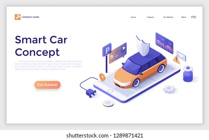 Landing page with smart car on giant smartphone and place for text. Electric automobile with remote control, innovative technology. Isometric vector illustration for website or web advertisement.