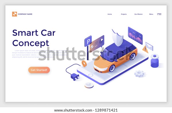 Landing page with smart car on giant\
smartphone and place for text. Electric automobile with remote\
control, innovative technology. Isometric vector illustration for\
website or web\
advertisement.