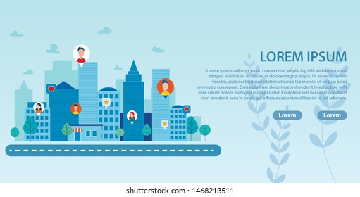 Landing Page with Smart City and People Community. Social Media Network Connecting Man and Woman from Different Buildings. Virtual Communication. Human Avatar. Vector Flat Cartoon Illustration