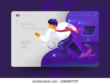Landing page with smart man.  Fast worker runs to goal. Program for fast productivity. UI design website.