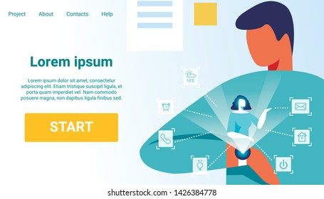 Landing Page with Smart Watch Application. Advertising Text and Convenient Menu Flat Banner. Cartoon Man Character and Virtual Assistant Projection. Vector AI Help in Scheduling Illustration