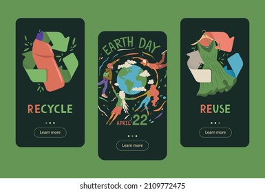 Landing page for smartphone about a sustainable way. Earth Day. Eco-friendly environment. Doodle vector illustration.