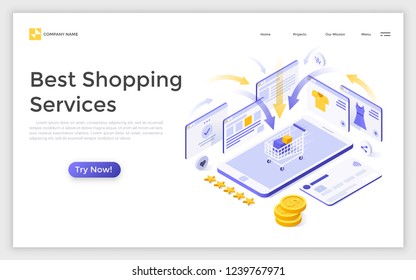 Landing page with smartphone and cart with purchases surrounded by online store pages. Creative isometric vector illustration for best shopping services advertisement, internet retail promotion.