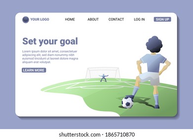 Landing page with soccer player preparing to kick representing the concept of set your goal