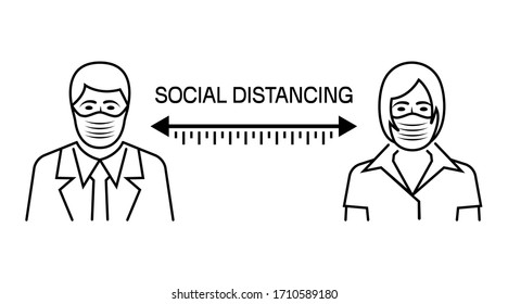 Landing page social awareness. Social distancing black line icon. Keep distance. Man and woman in protective masks. Coronavirus Prevention covid-19. Vector illustration flat design.