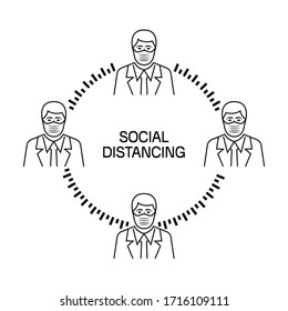 Landing page social awareness. Social distancing black line icon. Keep distance. Man and woman in protective masks. Coronavirus Prevention covid-19. Vector illustration flat design.