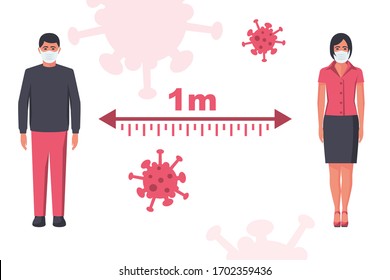 Landing page social distancing. Concept social awareness. Keep distance of 1 meter. Man and woman in protective masks. Coronavirus Prevention covid-19. Vector illustration flat design.