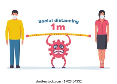 Landing page social distancing. Concept social awareness. Keep distance of 1 meter. Man and woman in protective masks. Coronavirus Prevention covid-19. Vector illustration flat design.