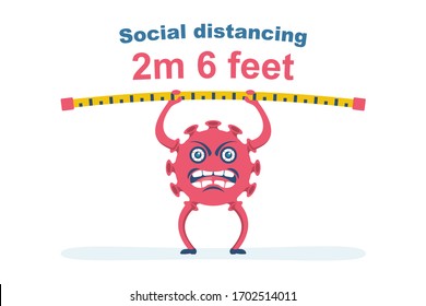 Landing Page Social Distancing. Concept Social Awareness. Keep Of 2 Meter 6 Feet. Coronavirus Prevention Covid-19. Vector Illustration Flat Design. Cartoon Character Holds A Ruler As Sign Of Distance.