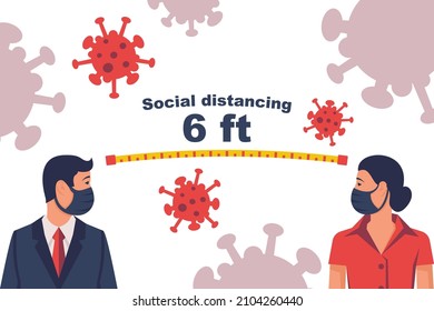 Landing page social distancing. Concept social awareness. Keep distance of 1 meter. Man and woman in protective masks. Coronavirus Prevention covid-19. Vector illustration flat design.