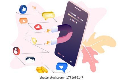 Landing page of social media marketing. Communication in social networks. Image of mobile phone with chat, likes and money. 3d isometric design for infographics, banner, website, promotional materials