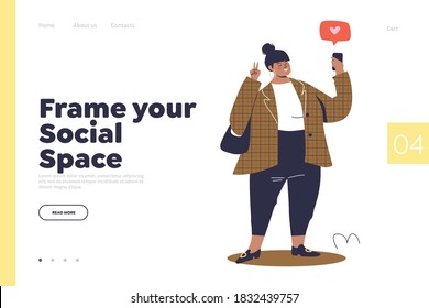Landing page with social space concept and cartoon female taking selfie photo for social media post using smartphone. Template flat vector illustration