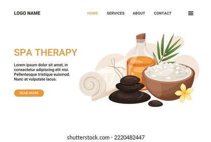 Landing page spa therapy or beauty salon vector template. Towel, black hot stone, bowl full cosmetic sea salt. Massage, relaxation, spa treatments concept. 