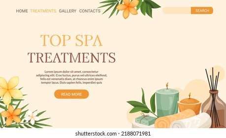 Landing page spa treatments vector template. Towel with candles, exotic flowers, bamboo leaves, cosmetic bottles. Vector illustration of horizontal banner for spa, beauty salon, cosmetic store 