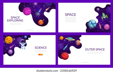 Landing page space. Cartoon galaxy space planets landscape. Company landing page template, business project web page vector background with spaceships, astronaut and fantastic planets in outerspace