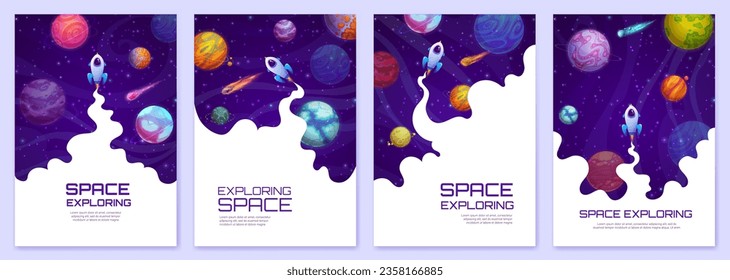 Landing page space. Cartoon space planets, stars and rockets. Startup launch web site background, company vector vertical poster or landing page with spaceship exhaust smoke cloud, galaxy planets