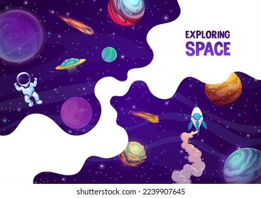 Landing page space, cartoon rocket, astronaut, space planets and stars. Vector background with funny kid cosmonaut flying in weightlessness exploring outer galaxy with asteroids, ufo and starship