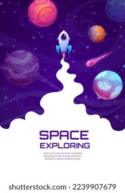 Landing page space, cartoon space rocket launch. Vector poster galaxy exploring themed with shuttle flying up among planets, asteroids and stars. Universe exploration, cosmic travel, astronomy science