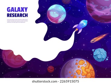 Landing page space. Cartoon rocket spaceship and planets in galaxy. Vector background with spacecraft travel in Universe. Shuttle flying in alien world explore cosmos with stars and white smoke frame