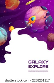 Landing page space. Cartoon starship in universe, space planets and stars on company web page layout or background, startup launch internet site homepage. Business project landing page vector template