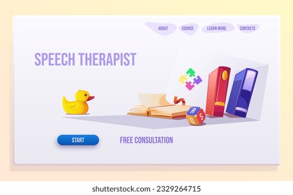 Landing page speech therapist. Cartoon medical banner, start page web page template. A set of books, an open book, a cube, a puzzle, a yellow duck. UI design, button, vector illustration.