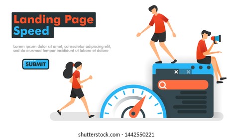 Landing Page speed vector illustration. People measure speed on the web and search engines to optimize SEO in processing keywords and search results. Can be used for Marketing Website Mobile App Ads