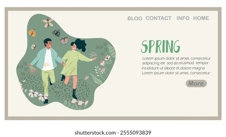 Landing page spring, people in love, a couple, a blossom, hand drawn vector illustration.