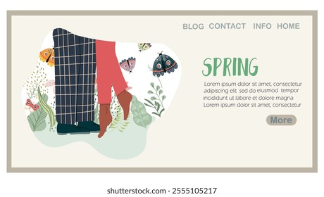 Landing page spring, people in love, a couple, a blossom, hand drawn vector illustration.