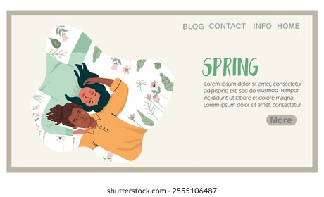 Landing page spring, people in love, a couple, a blossom, hand drawn vector illustration.