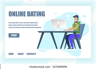 Landing Page with Start Button. Online Dating and Virtual Relationships Service. Social Networking Application. MAn Cartoon Character Chatting on Internet Using Computer. Vector Flat Illustration