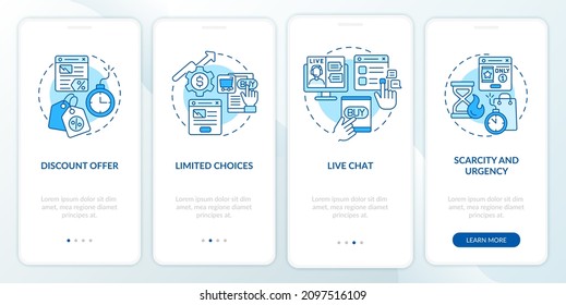 Landing page strategies blue onboarding mobile app screen. Website walkthrough 4 steps graphic instructions pages with linear concepts. UI, UX, GUI template. Myriad Pro-Bold, Regular fonts used