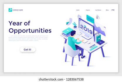 Landing page with student sitting at computer with 2019 number on screen and studying. Year of opportunities in distant education, online learning, internet courses. Isometric vector illustration.