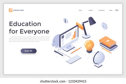 Landing page with student's workplace, computer and place for text. Distant and online learning, internet education. Creative design template. Isometric vector illustration for educational website.