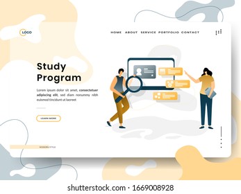 Landing page Study Program, the concept of women is explaining learning programs to men who carry search, can be used for landing pages, web, UI, banners, templates, backgrounds, web development.