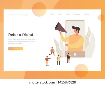 Landing Page. Subject referral program. Man with megaphone speaks from screen of smartphone for people standing nearby. Concept of program "Refer a friend." Vector flat illustration.