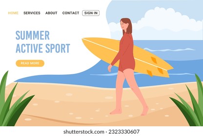 Landing page summer active sport Surfing. Woman with surfboard on beach. Horizontal template design. Vector template in flat style