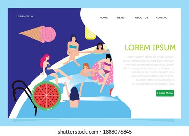 landing page summer pool party. Happy people relaxing at party near swimming pool. Theme for banner, website design or landing web page ou ui